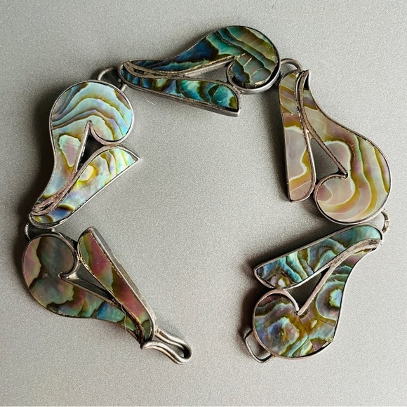 Vintage Mexican 1940s Sterling Silver Abalone Inlay Link Bracelet Antique - Picture 5 of 10